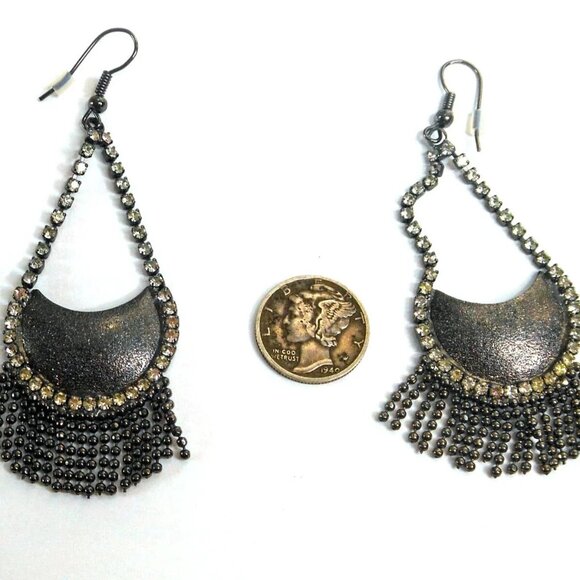 Vintage Boho Crescent Moon Fringe Earrings 3” Boho Festival - Picture 3 of 4